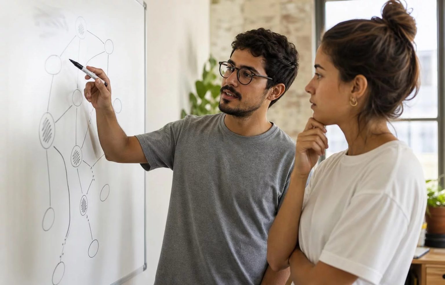 Duas pessoas diante de um quadro branco com um mapa de argumento desenhado à mão
