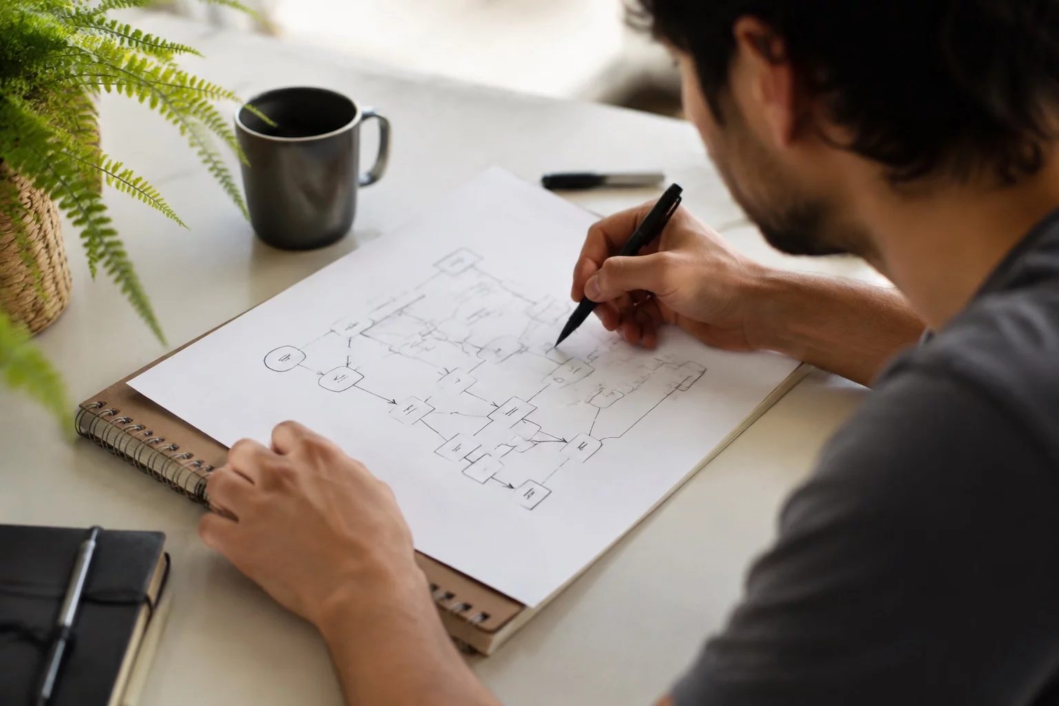 Vista de cima de uma mesa com um diagrama de lógica desenhado à mão