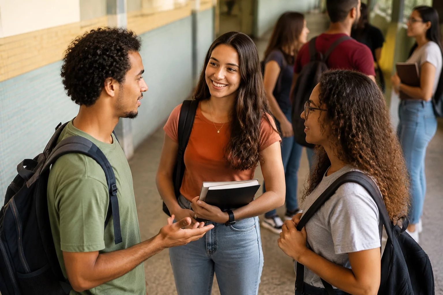 Estudantes com mochilas conversando no corredor de uma universidade