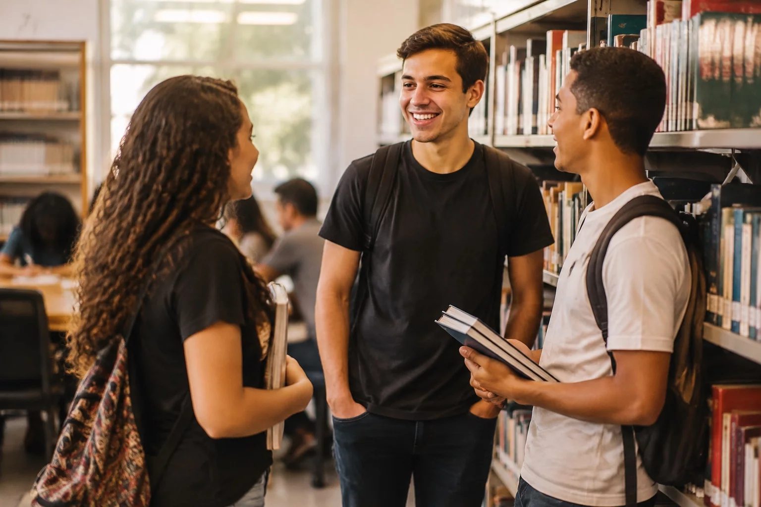 Estudantes conversando em pé entre as estantes de uma biblioteca