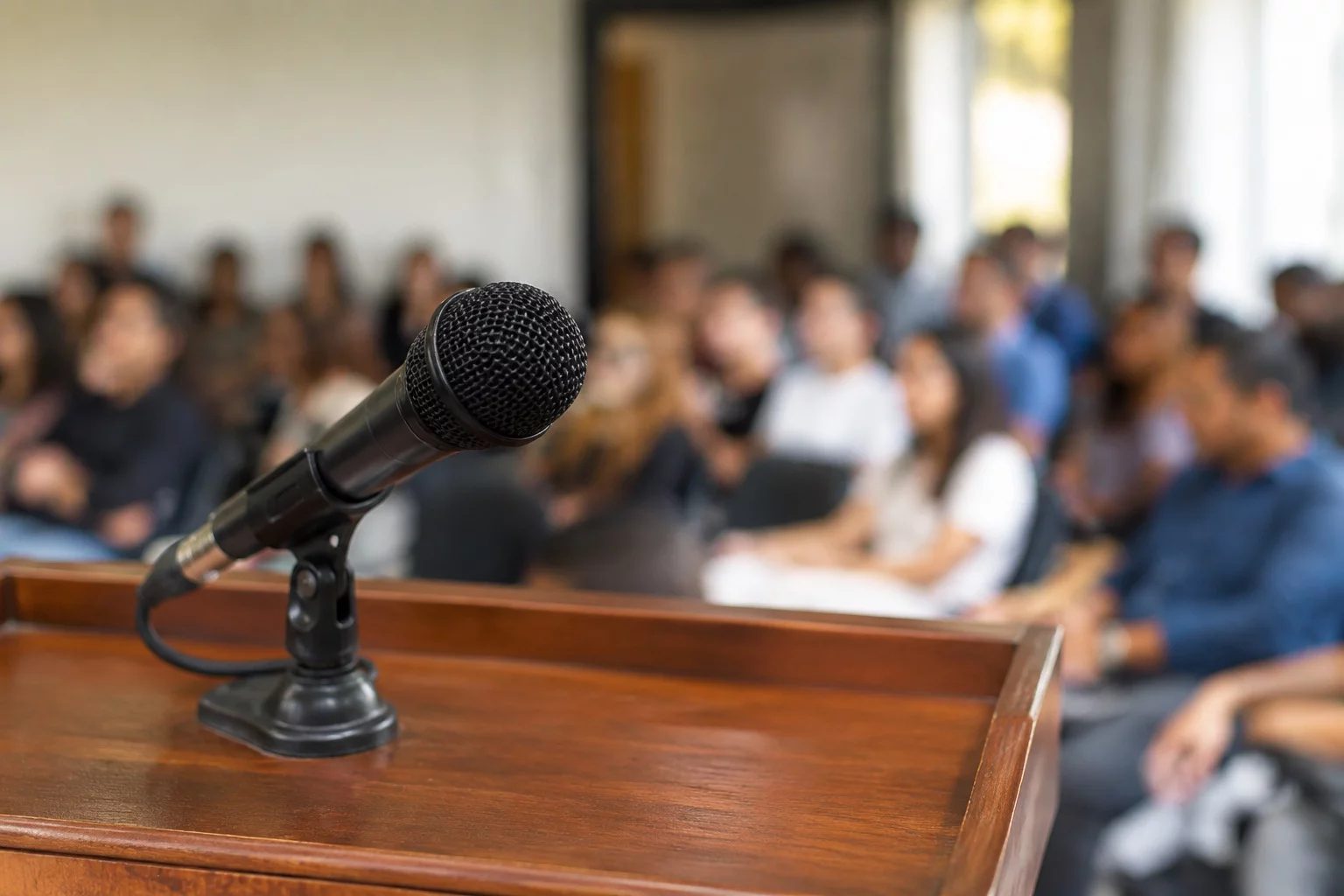 Microfone sobre uma tribuna, com a plateia sentada desfocada ao fundo
