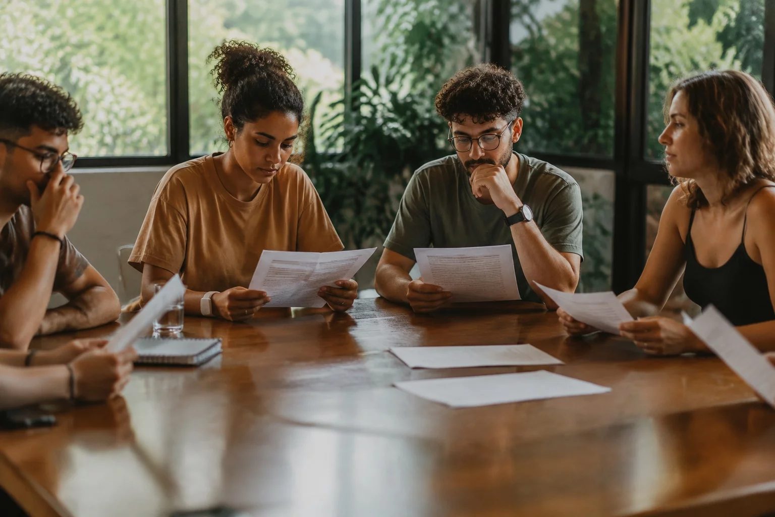 Grupo pequeno lendo páginas impressas de argumentos ao redor de uma mesa