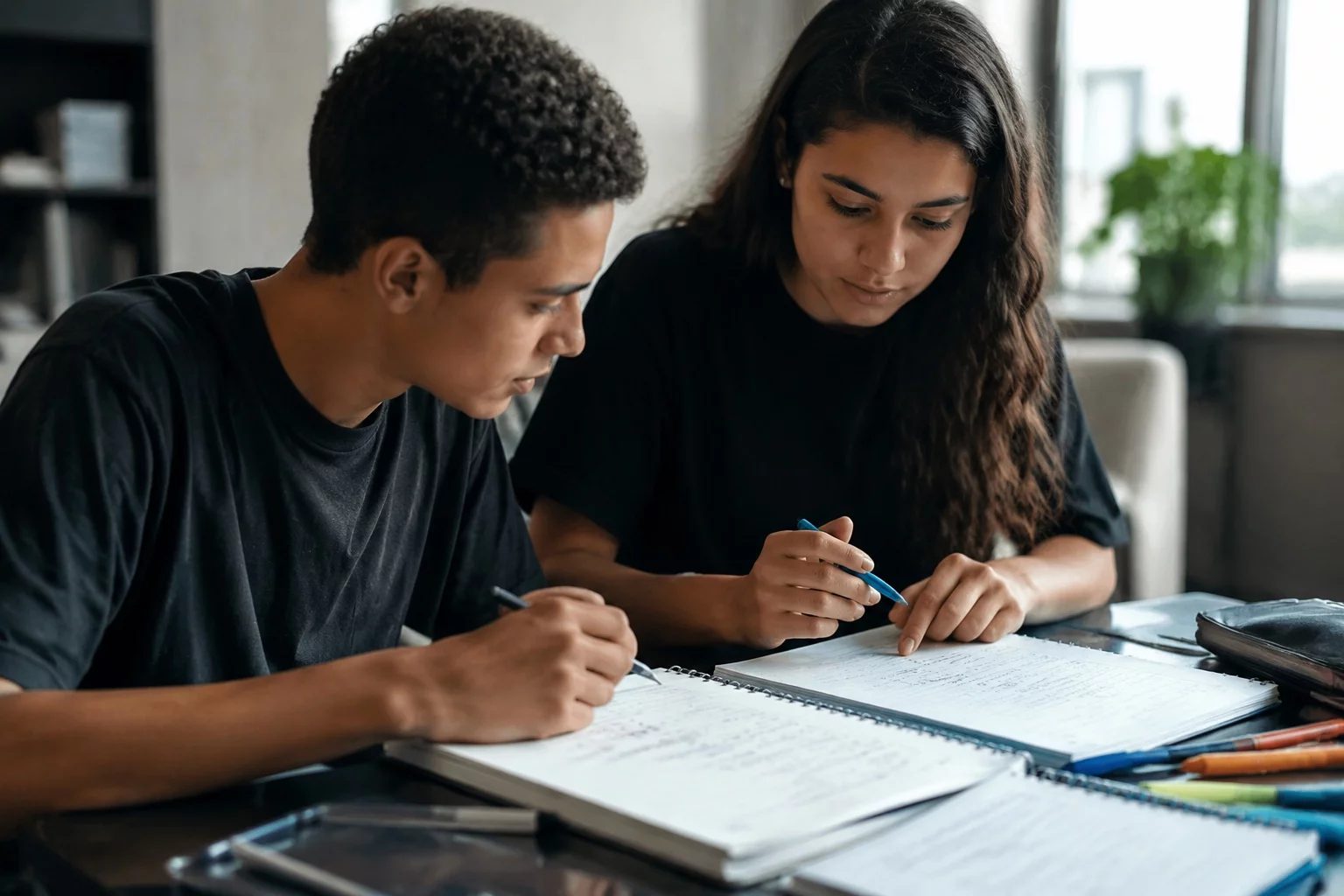 Dois estudantes preparando um debate com cadernos e marcadores