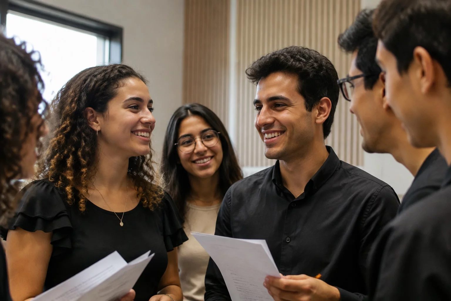 Grupo sorrindo após uma rodada de debate, com papéis nas mãos